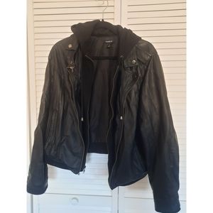 Cropped faux moto jacket with hood